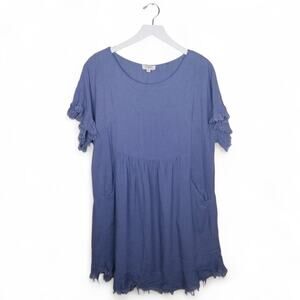 UMGEE USA Dress Raw Ruffle Sleeves & Hem Round Neck Linen/Rayon Blend Pocket - S